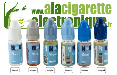 Code couleur des bouchons de flacons d'e-liquide Nova Liquides et taux de nicotine correspondants.